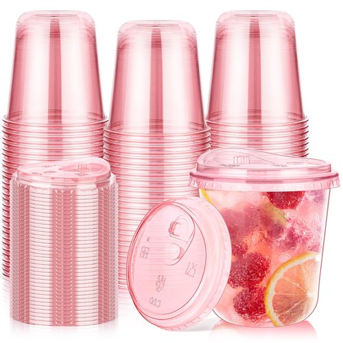 KesaPlan 50 Pack 12 oz Pink Plastic Party Cups with Sip Lids, Disposable Iced Coffee Cup with Lid, Round Bottom Stemless Glasses Drinking Cups for Valentine's Galentine's Bachelorette Party Holiday