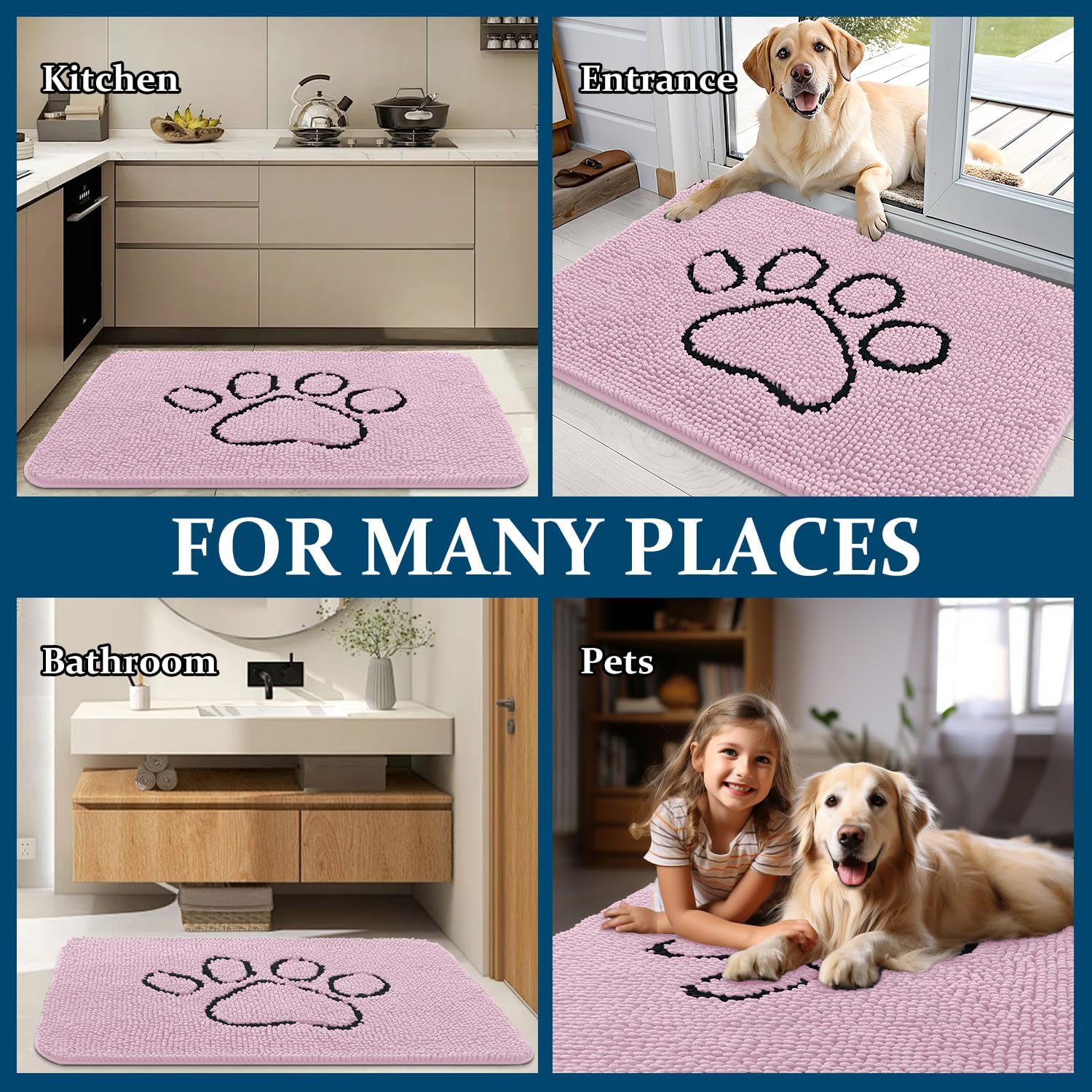OLANLY Dog Door Mat - Absorbent Muddy Paws Doormat | Non-Slip Chenille 36x24, Dusty Rose