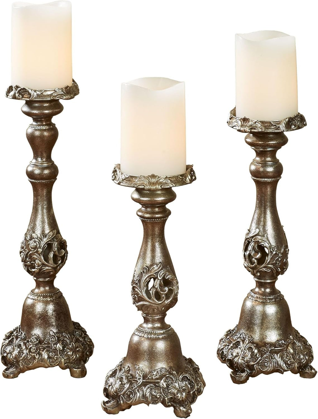 Touch of Class Victoria Acanthus Leaf Candleholders Set of 3 - Metallic Bronze & Silver Resin Candlesticks for Elegant Home Décor