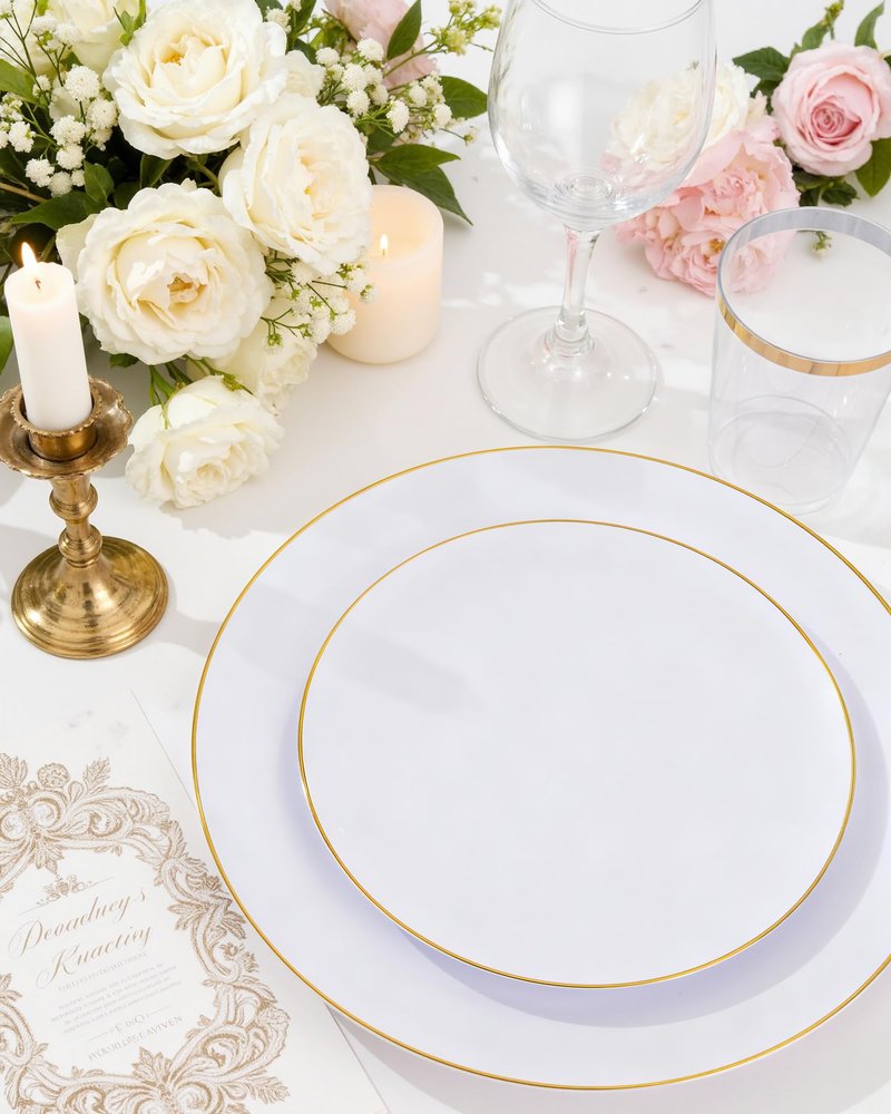 Nervure 100 Pieces Gold Plastic Plates - 10.25 inch Gold Dinner Plates - Heavyweight White and Gold Disposable Plates Ideal for Wedding & Party & Mother's Day