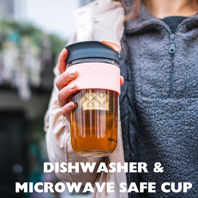 SoleCup. Large Travel Mug Loose Tea Infuser - Detachable Tea Strainer with Spill Proof Lid - 18oz/530ml BPA-Free Reusable Glass Travel Coffee Cup with Silicone Band (Black, 18oz)