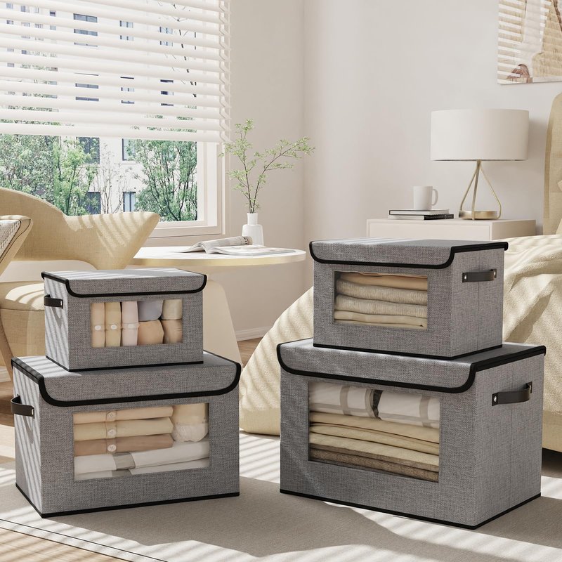 YheenLf Cloth Storage Boxes, Storage Bins with Lids, 17.7 x 11.8 x 11.8 Inch Closet Organizers for Shelves Bedroom Office Organization, Gray, 5-Pack