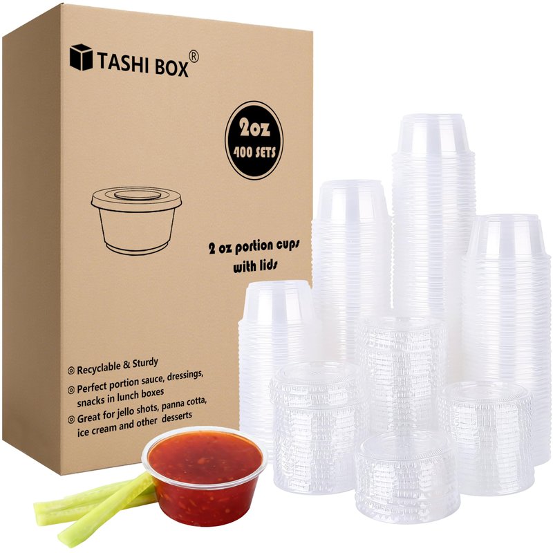 TashiBox 400 Sets - 2 oz Jello Shot Cups with Lids, Small Plastic Portion Cups with Lids, Disposable Condiment Containers for Sauce
