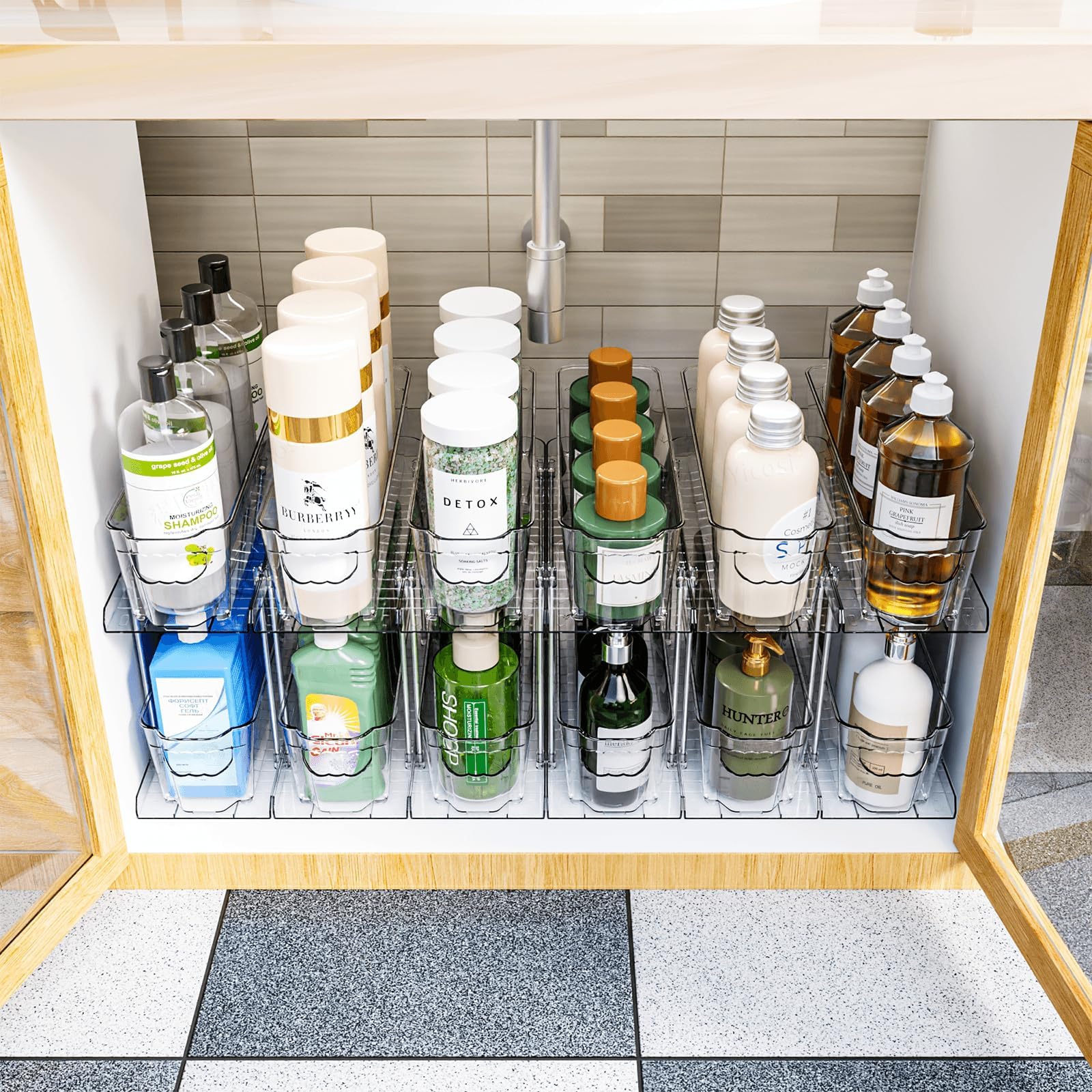 SUOXING 4 Pack Bathroom Under Sink Organizer for Small Spaces,5.1" Narrow 2 Tier Under Cabinet Storage for Cleaning Supplies Organization,Pull Out Kitchen Cupboard Underneath Sink Organizer,Clear