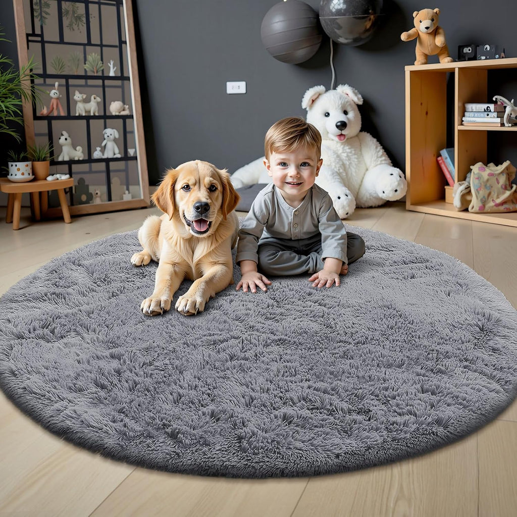 OLANLY Round Light Grey Area Rug - Soft, Fluffy, Machine Washable 9 ft Circle Carpet for Bedrooms & Living Rooms