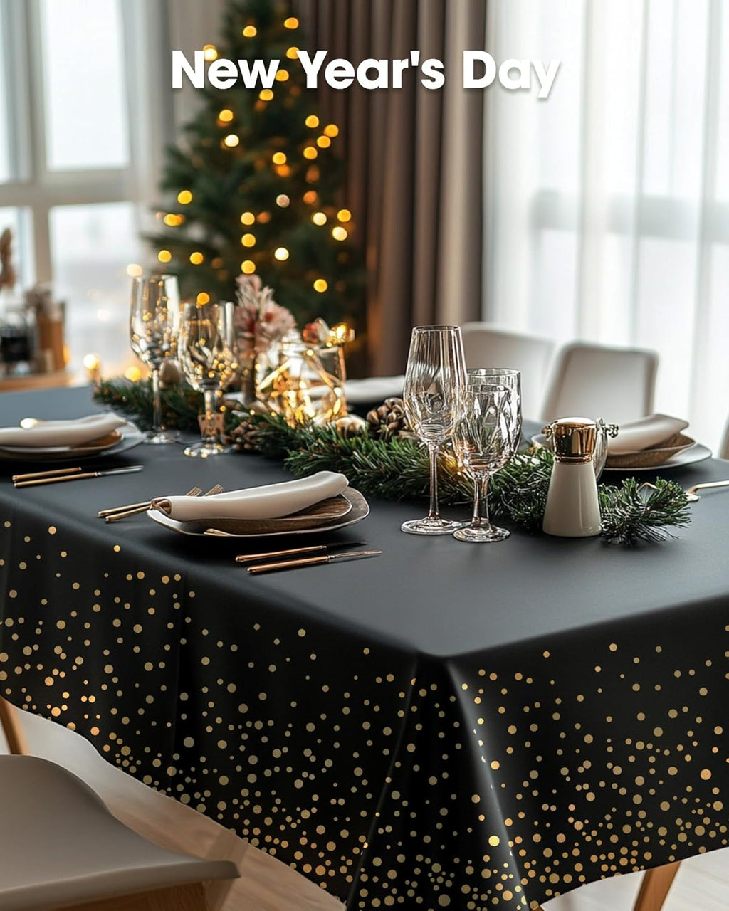 Pureegg Disposable Plastic Tablecloths - 10 Pack, 54 x 108 Inch, Leakproof & Sturdy, Black and Gold for Graduation Celebrations