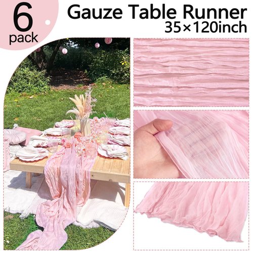 RestfulGlow 6 Pack Pink Cheesecloth Table Runner 10FT Boho Gauze Fabric Cheese Cloth Table Runner 35 x 120 Inch Rustic Sheer Fabric for Wedding Decor Baby Shower Party Holiday Decoration(Pink)