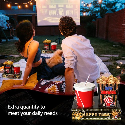 Faccito 36 Pcs Movie Night Snack Trays Theater Snack Boxes Disposable Cinema Paper Holder Movie Night Neon Glow Party Supplies for Popcorn Food Candy Drink Party Favors(Black Gold,Cute Style)