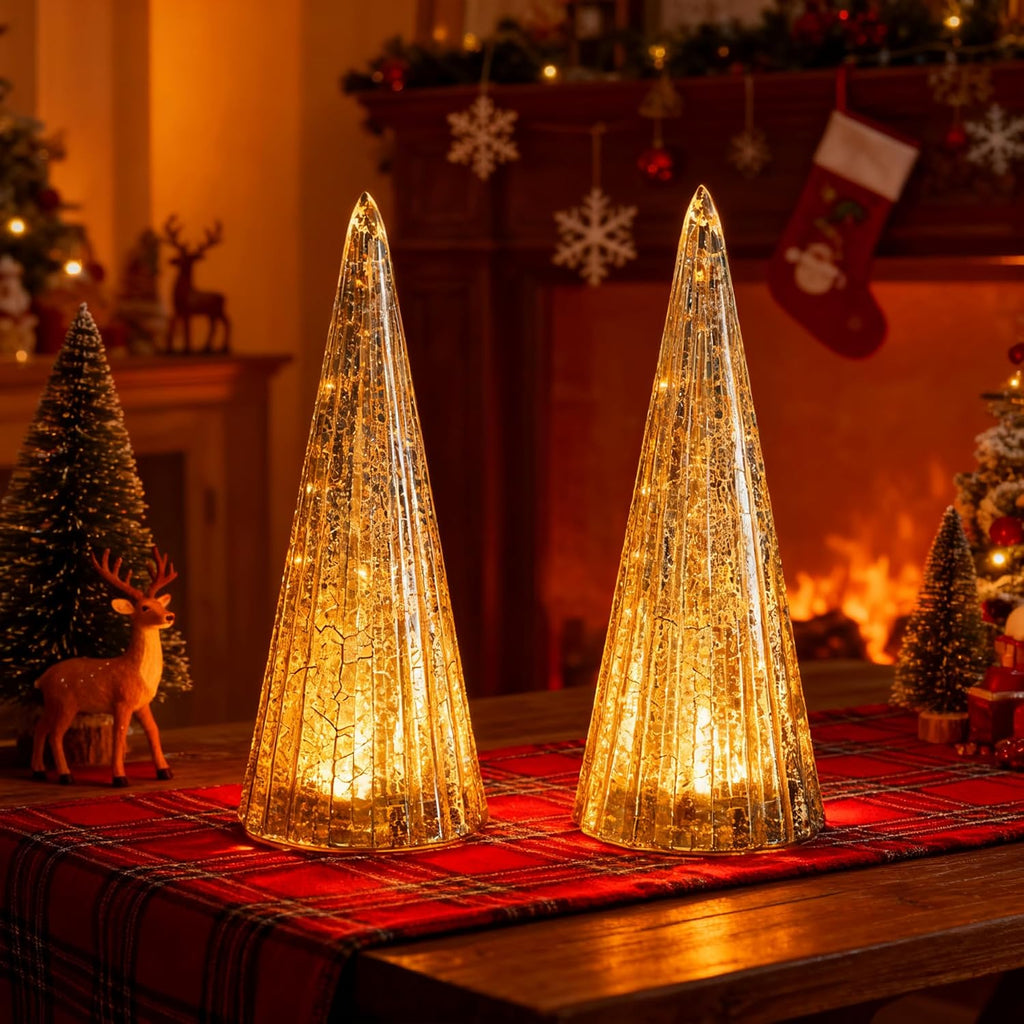 Regine Switzerland Set of 2 Mercury Glass Christmas Tree Figurines - LED Indoor Table Centerpiece Decorations