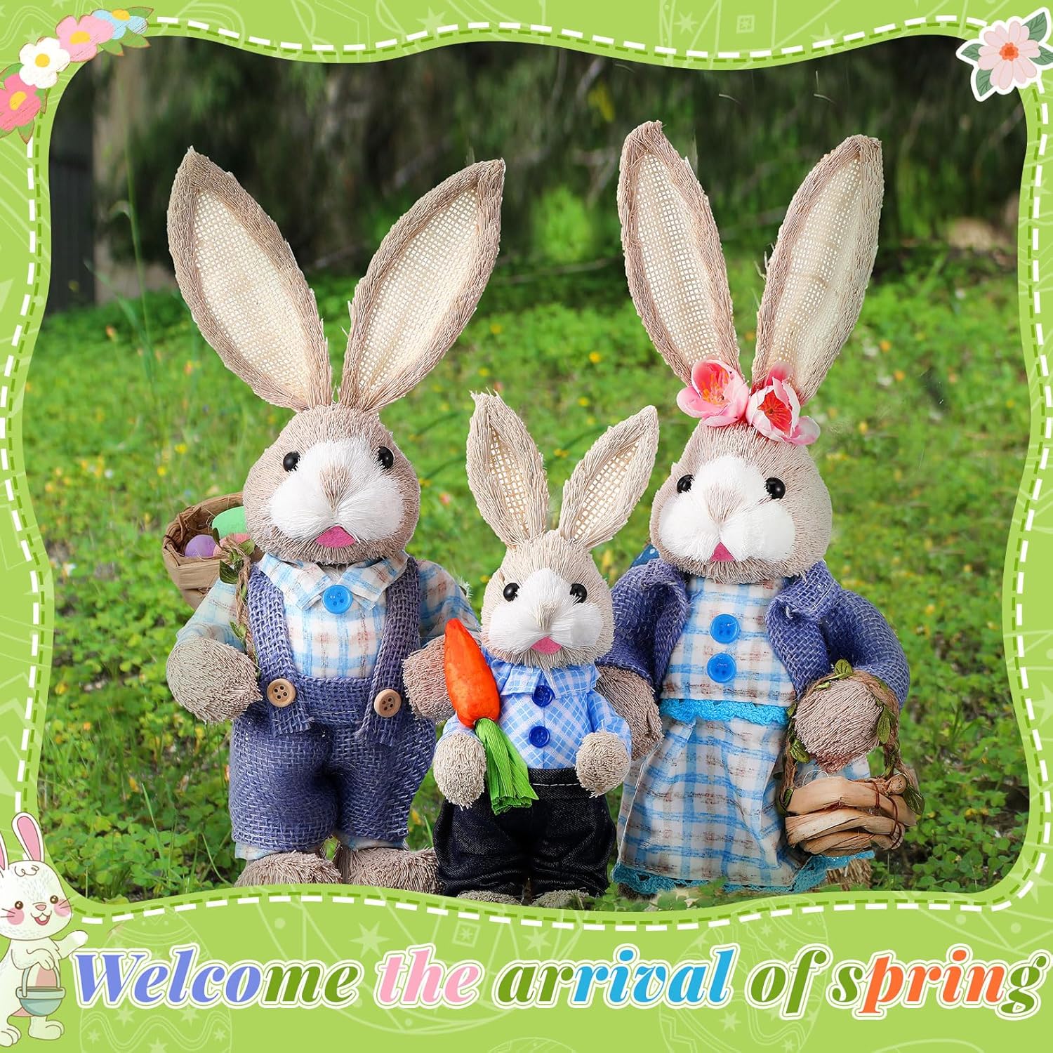 Wesiti Easter Bunny Decorations - Set of 3 Natural Sisal Straw Figurines | 13.8" & 9.8" Tabletop Statues
