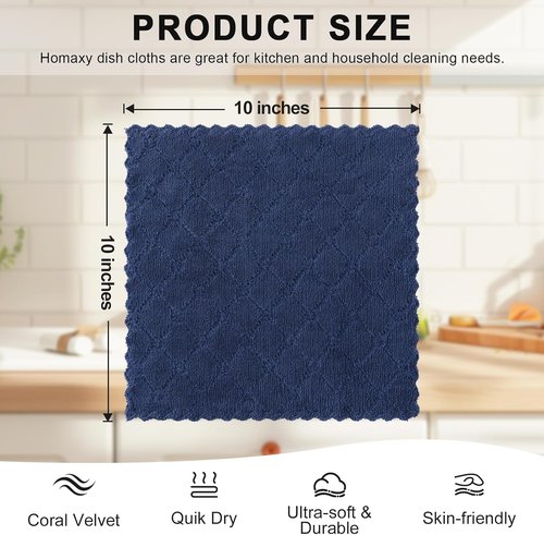 Homaxy Kitchen Dish Cloths - 12 Pack Super Soft & Absorbent Coral Velvet | 10x10 Inches, Navy Blue