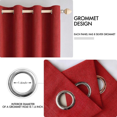 MIULEE 100% Blackout Linen Curtains - Thermal Insulated Red Grommet Drapes for Bedroom | 52 x 96 Inch (2 Panels)