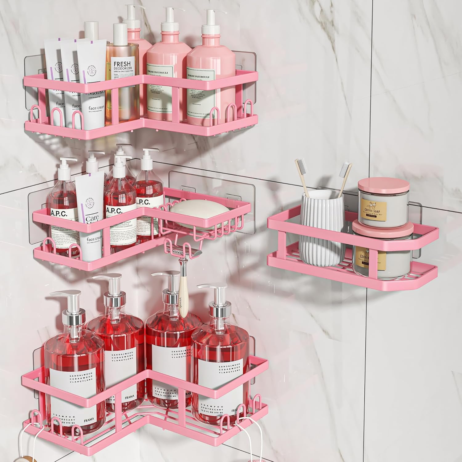 Youvip 4-Pack Adhesive Shower Caddy - Rustproof Wall-Mounted Organizer with Soap Holder | Pink