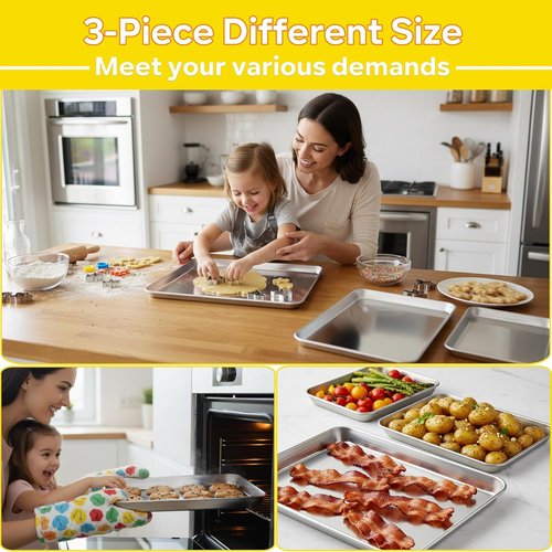 E-far Baking Cookie Sheet Pan Set - 3 Stainless Steel Baking Pans | Non-Toxic, Easy Clean, Dishwasher Safe, 16/12.4/10.4 Inch