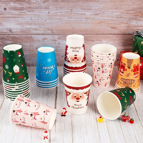 CUPLOOV 100 Pack Christmas Hot Coffee Cups with 50Pcs Lids, Xmas 12 Oz To Go Coffee Cup Hot Chocolate Cups, Christmas Disposable Paper Cups for Cold Drinks Holiday Winter Party Supplies