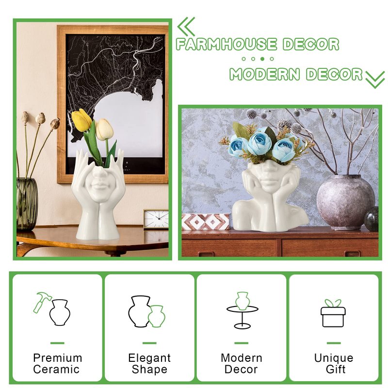 Sieral 3 Pcs Ceramic Face Vase Female Form Flower Modern Body Vase for Decor with Head Half Body Bust Centerpiece for Table Shelf Home Bedroom Room Office(Large,White)