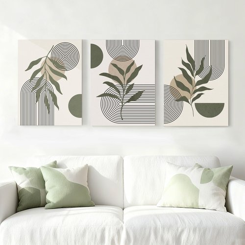 Zessonic Sage Green Boho Wall Art Abstract Canvas, Large Bohemian Minimalist Leaf Geometric Sun Lines Mid Century Nordic Prints for Living Room, Hallway, Bedroom - Ready to Hang- Set of 3, 16x24 Inches