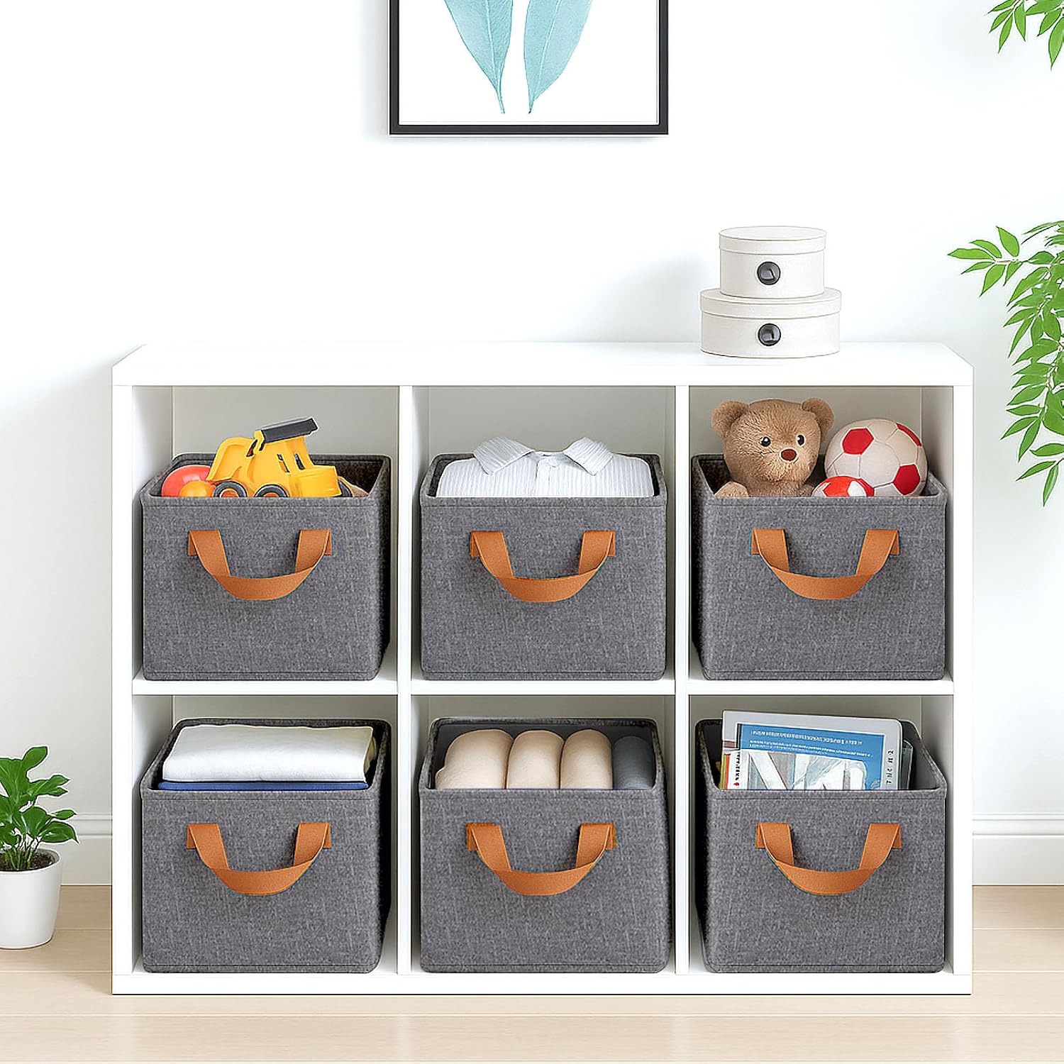 Skiennix 6 Pack Storage Cubes - Reinforced Steel Frame, Collapsible Fabric Bins | Large Gray Baskets (18.5"x11"x7.9") for Organization