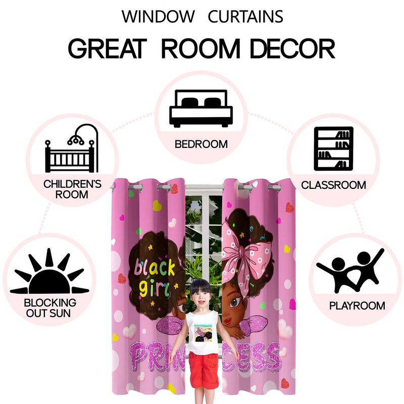 Jiospet African Girl Curtains Black Girl Curtains Room Decor Blackout Window Drapes Pink Princess Drapes for Girls Bedroom 2 Panel Sets, 82''×63''