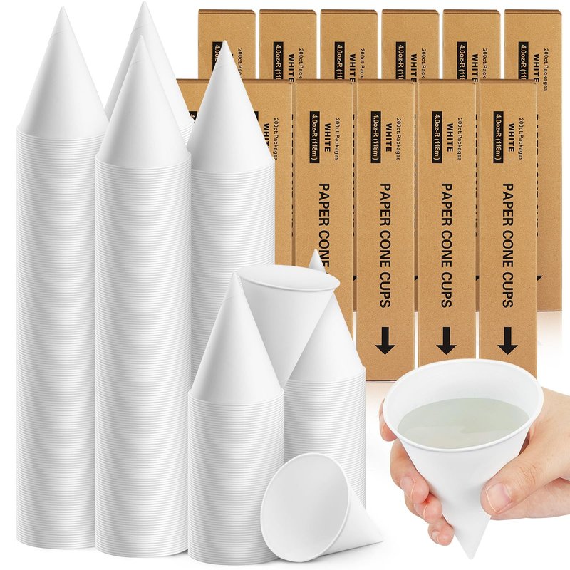 Roshtia 2400 Pcs Paper Cone Cups Thicken Disposable Cone Cups for Shaved Ice, Slushies Water Cooler Dispenser, White (4 oz)