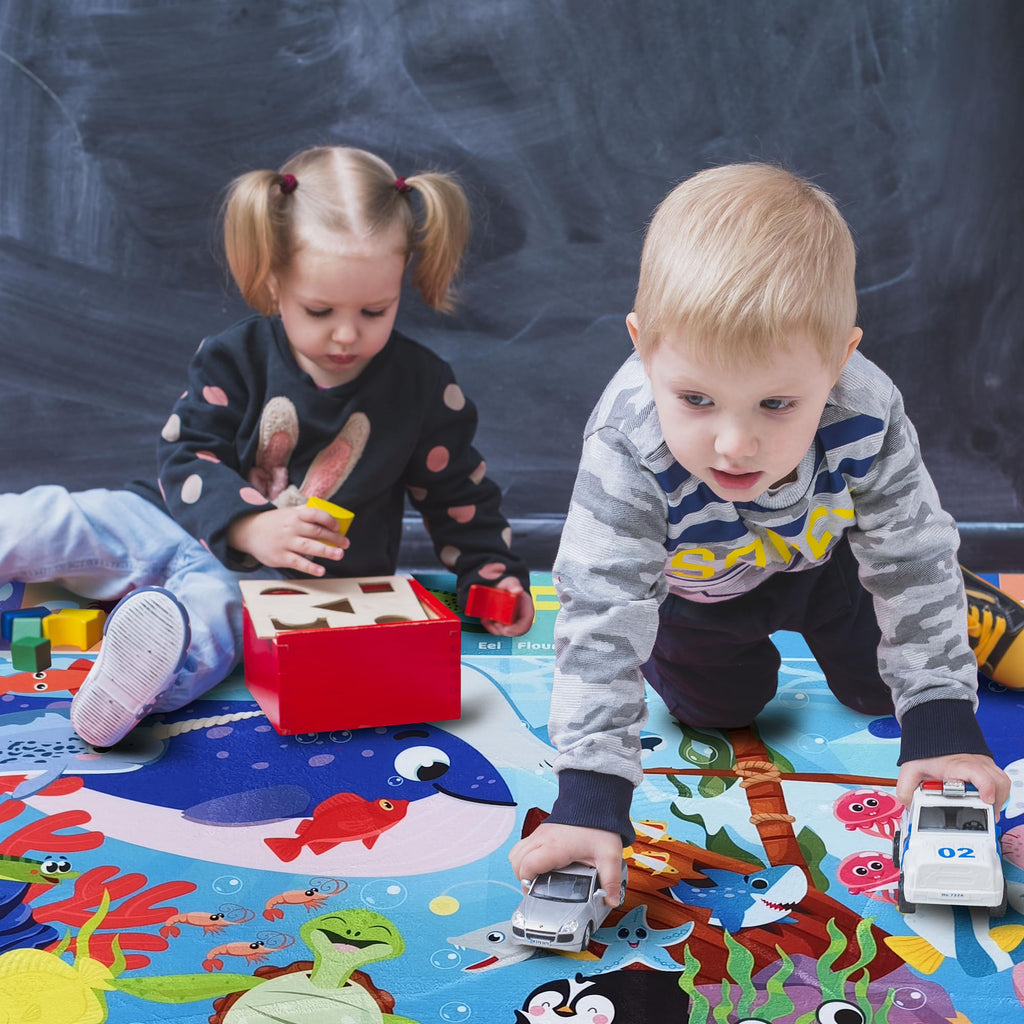 QUOKKA Large Baby Play Mat for Floor – ABC Ocean Padded Non-Slip Nursery Rug for Toddlers & Infants – Soft Foldable Care Mat for Crawling & Playroom - Giant Floor Kids Rug Gift