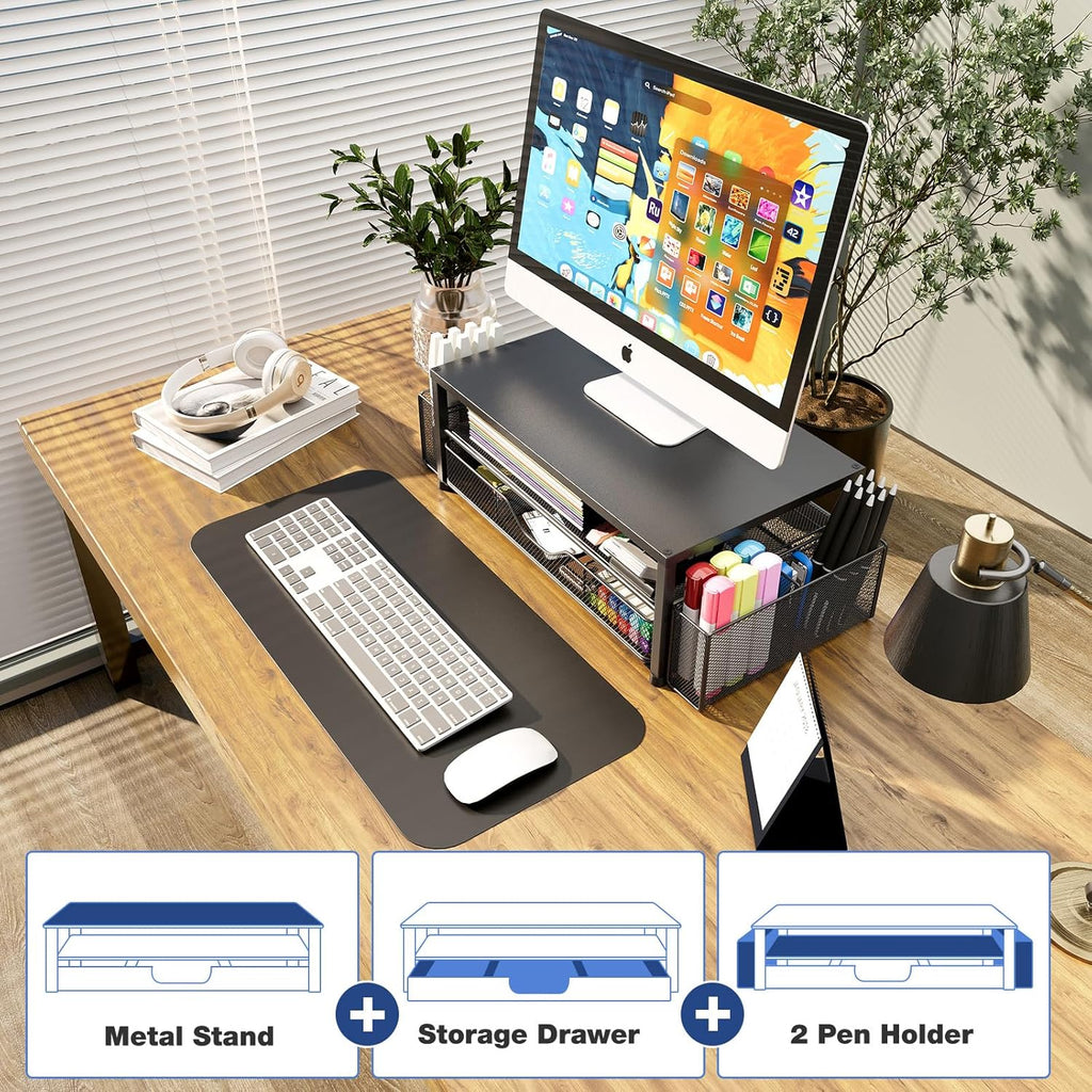 OPNICE Desk Organizer - 2-Tier Monitor Stand Riser with Drawer & Pen Holders | Black Office Accessories