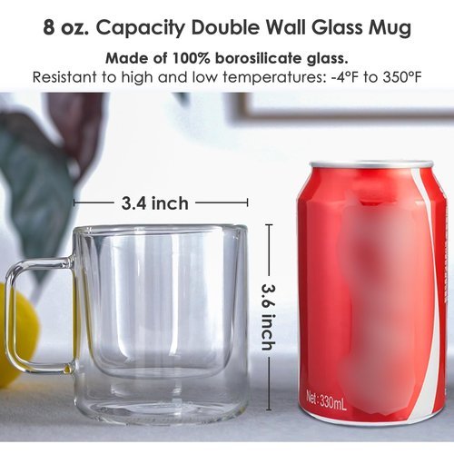 Aquach 2-Pack Double Walled Insulated 8oz Glass Coffee Mugs with Handle - Ideal for Espresso, Latte, Americano, and Cappuccino