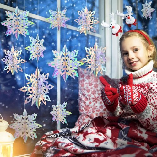 GuassLee 15-Piece 3D Iridescent Paper Snowflakes - Festive Hanging Decorations for Winter Wonderland Parties