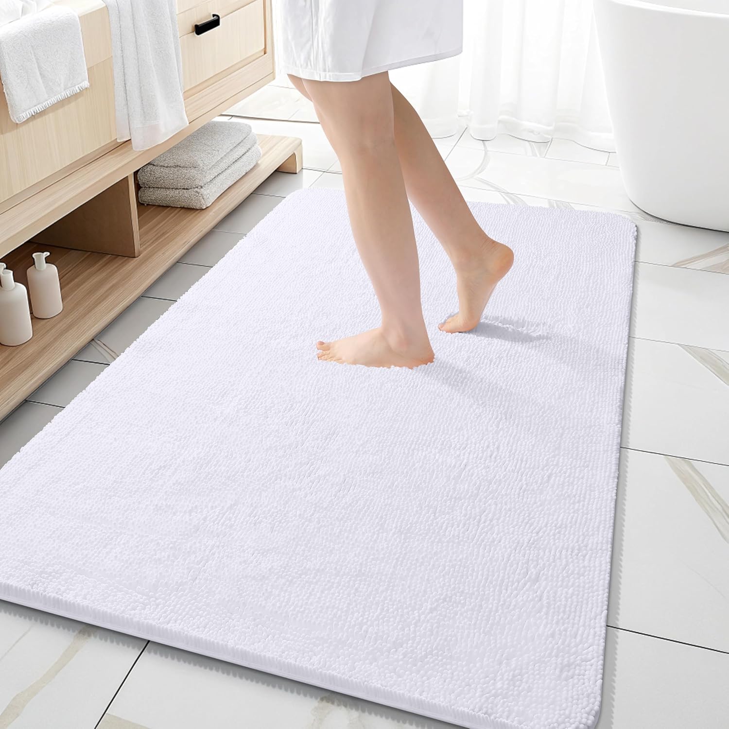 OLANLY Chenille Bath Rugs - Extra Soft & Absorbent | 59x35 Inches, Quick Dry, Machine Washable, White