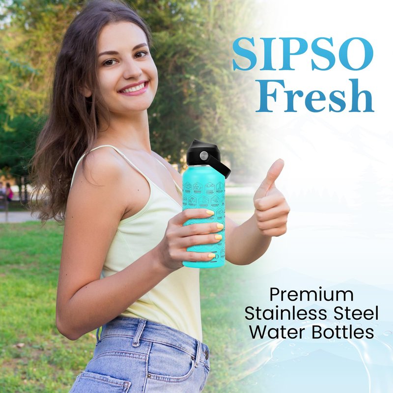 SIPSO fresh Hiking Gift Water Bottle – 32 oz Vacuum Insulated Stainless Steel National Park Water Bottle | 63 Waterproof Stickers & Premium Gift Box | Camping & Outdoor Adventure Gifts (Turquoise)