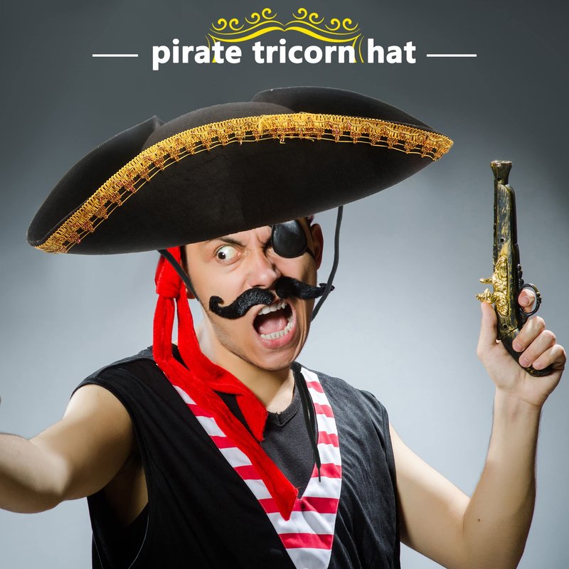 SGBETTER 8 Pack Felt Pirate Tricorn Hat Black Buccaneer Hat with Gold Trimming for Halloween Masquerade Party Role Play Outfit Accessories