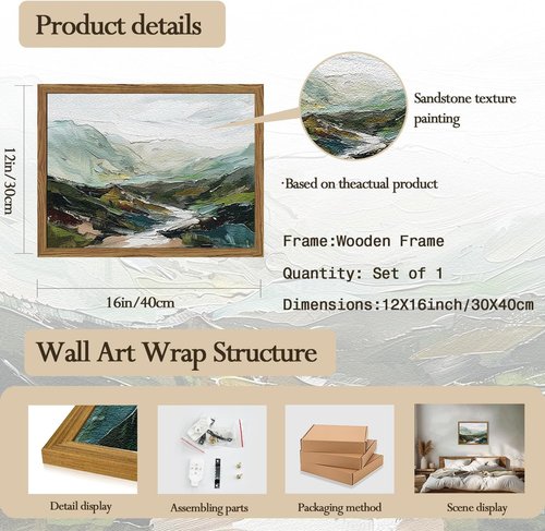 Framed 3D Textured Mountain Wall Art - Abstract Green Landscape Decor | Hand-Drawn Sandstone Aesthetic 12x16 Inch