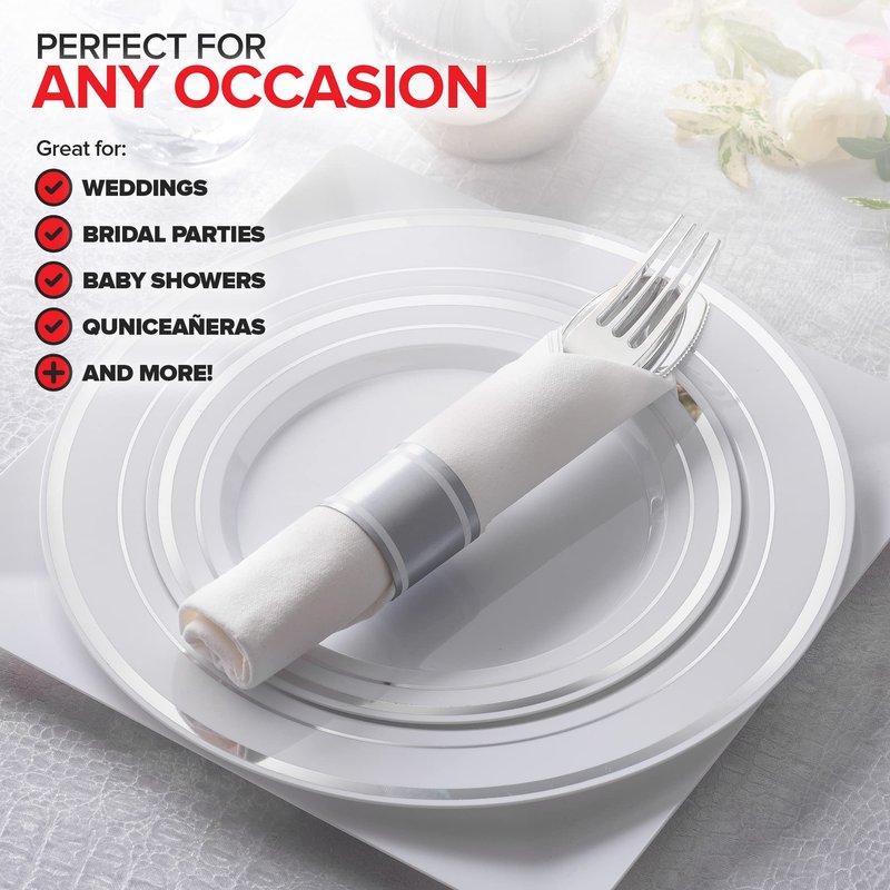 200 Pieces Pre Rolled Silver Plastic Cutlery Set, Individually Wrapped Plastic Silverware Set with 50 Forks, 50 Knives, 50 Spoons, 50 Napkins, Utensils for Weddings, Service for 50 Guests
