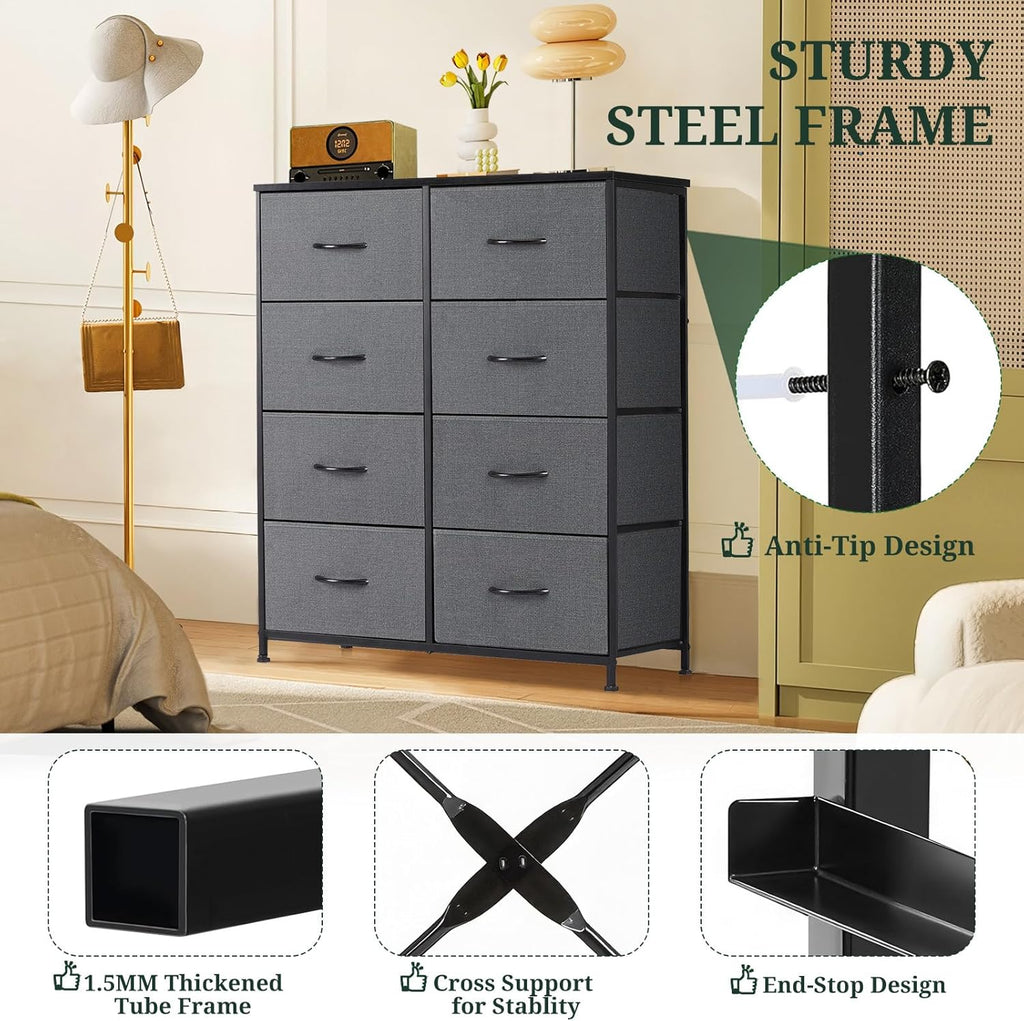 Regine Switzerland 8-Drawer Dresser - Anti-Tip Tall Storage Organizer with Wooden Top & Metal Frame - Gray