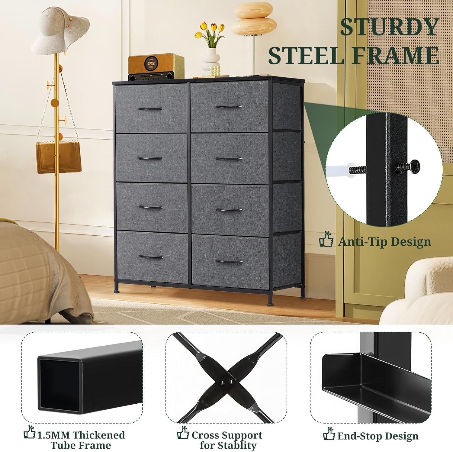 Regine Switzerland 8-Drawer Dresser - Anti-Tip Tall Storage Organizer with Wooden Top & Metal Frame - Gray