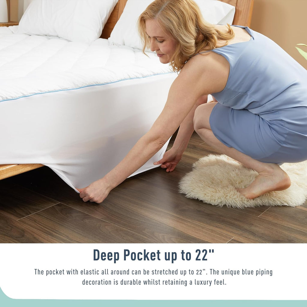 Skiennix Queen Mattress Pad - Quilted Cotton Cover with 18-22" Deep Pocket | Noiseless & Breathable Design