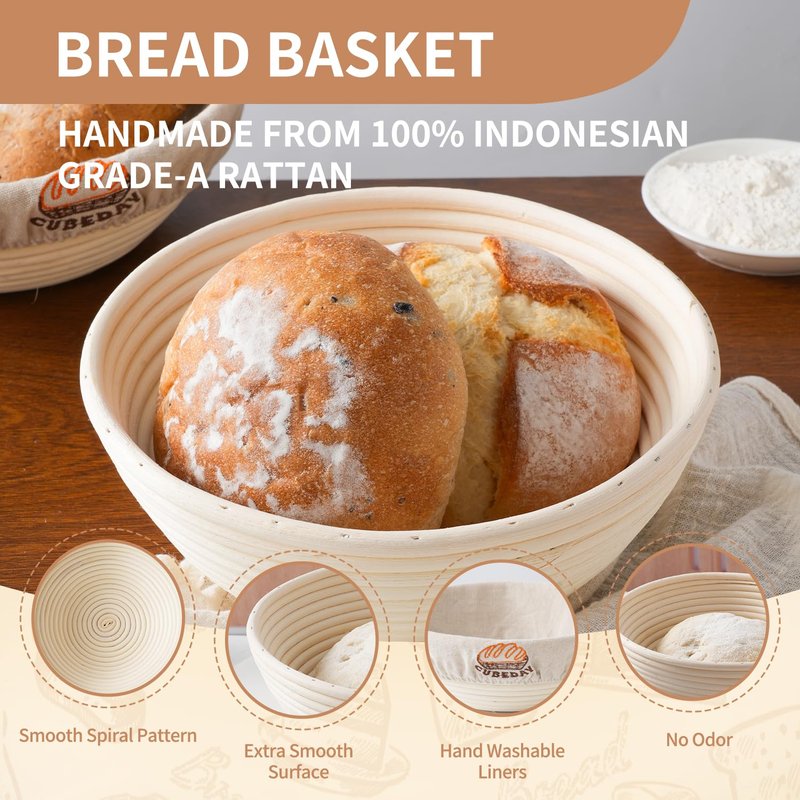 CUBEDAY Banneton Bread Proofing Basket,Sourdough Banneton Basket – 9” Premium Handwoven Brotform with Liner for Bakery-Perfect Sourdough & Rustic Loaves, Proofing Basket for Sourdough Bread Baking