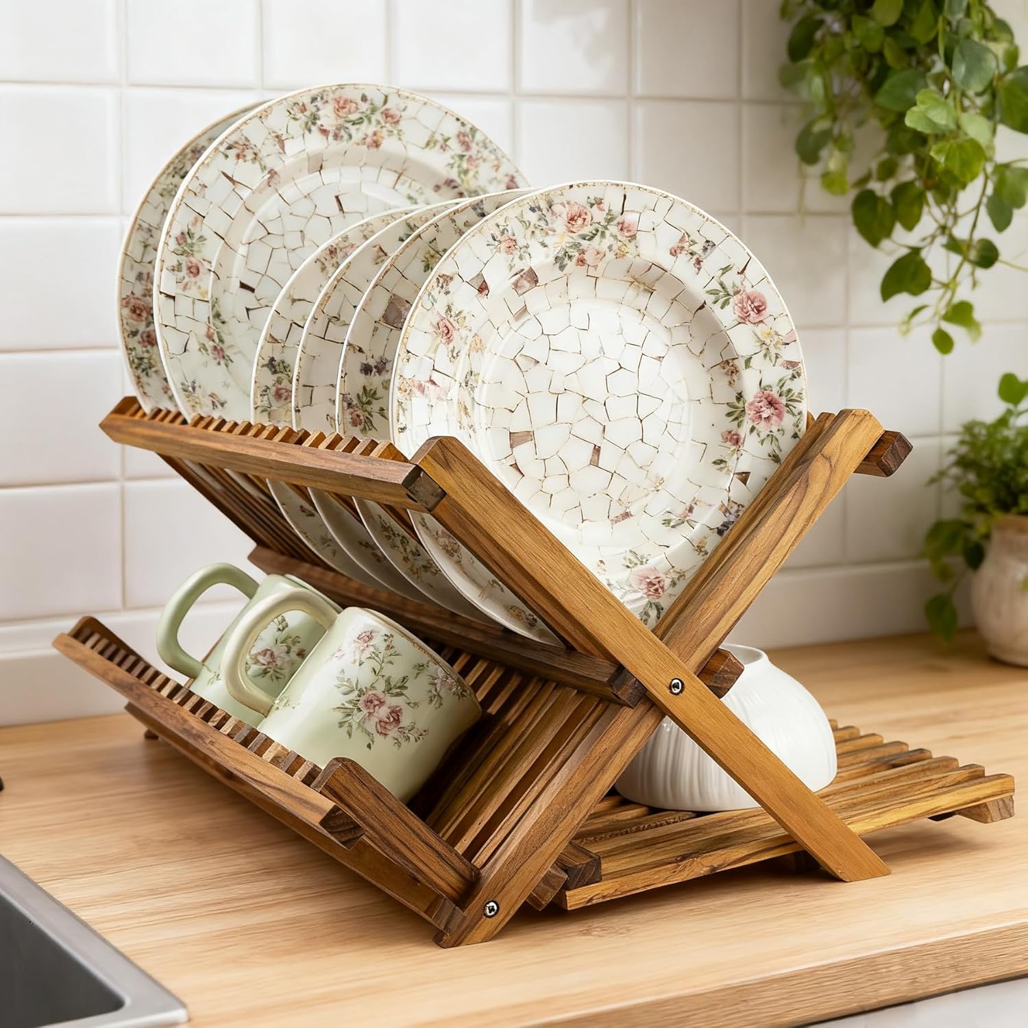 Utoplike Teak Dish Drying Rack - Large 3-Tier Collapsible Kitchen Organizer for Plates & Cups