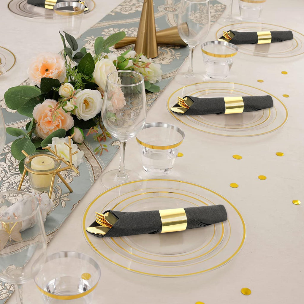 Dlebay 100 Pack Pre Rolled Gold Plastic Silverware Set,Wrapped Plastic Cutlery Set with Napkin Include 100 Forks,100 Spoons,100 Knives and 100 Black Napkins for Party, Wedding,Christmas