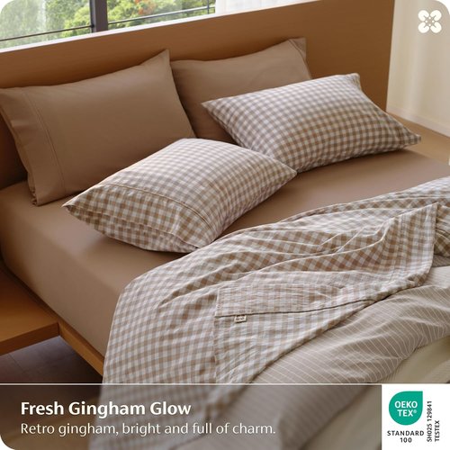 Bedsure 100% Washed Cotton Percale Sheets - Soft Gingham Queen Set with 18" Deep Pockets, Breathable Comfort