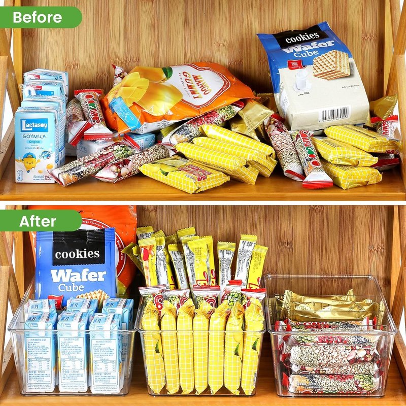 wilfox Pantry Organizer, 7 Pack Clear Bins with Removable Dividers, Pantry Organizers and Storage, Fridge and Cabinet Organizer for Snack, Pouches, Spice Packets