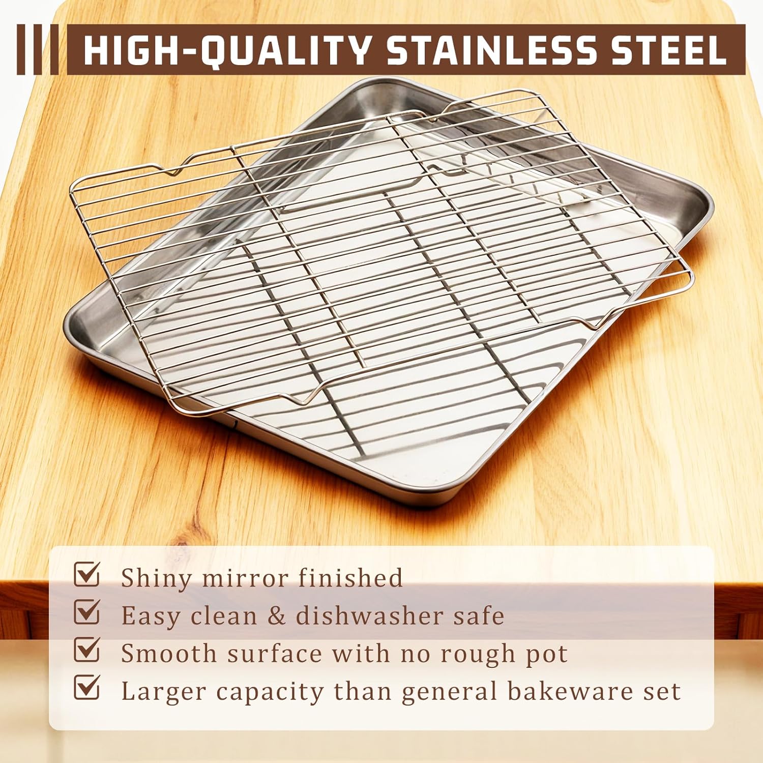Stainless Steel Baking Sheet Set by [Brand Name] - 2 Pans & Racks, Rust-Free, Nonstick | 12.4 x 9.6 x 1.2 Inch