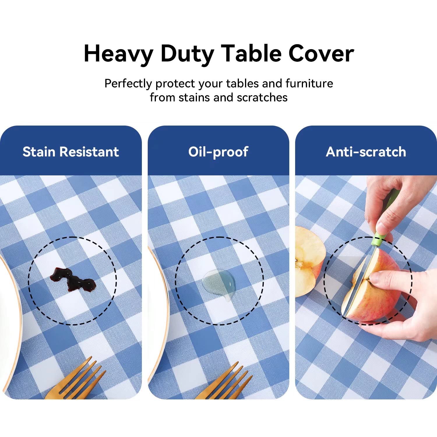 Romanstile Rectangle Vinyl Tablecloth, 100% Waterproof Buffalo Gingham Plastic Table Cloth, Heavy Duty Wipeable Checkered Table Covers for Outdoor, Camping, Picnic, Patio - 52 x 70, Light Blue