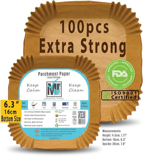 Mr. Jawdat's Extra Strong Air Fryer Disposable Paper Liners - Non-Stick, 100 Pcs, 6.3" Square Size