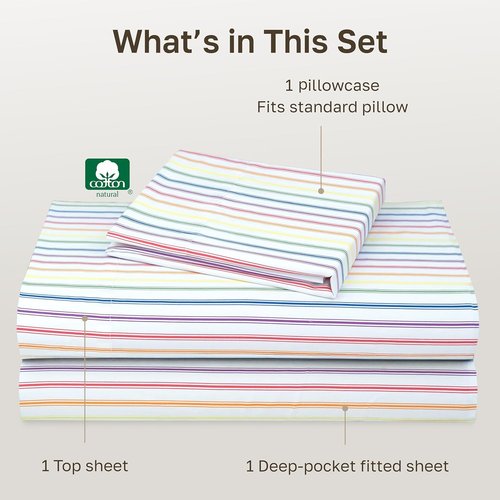 California Design Den Twin XL Cotton Sheet Set - 100% Soft Cotton, 400 Thread Count, Cozy Rainbow Stripe