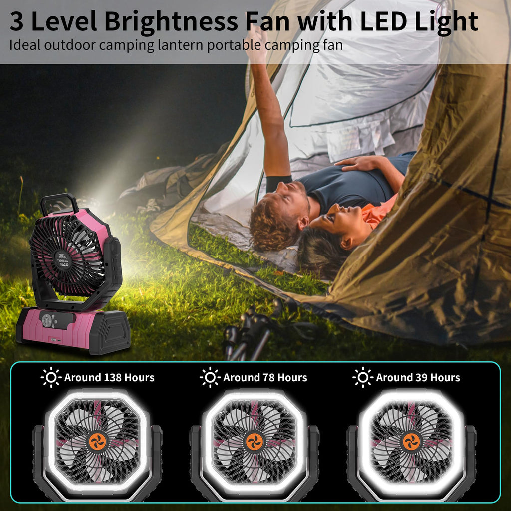 TDLOL 20000mAh Camping Fan Battery Operated Fans Portable,Portable Rechargeable Battery Powered Fan with LED Light,360°Oscillating & 8H Timer Camping Essentials Fans with Hook pink fan