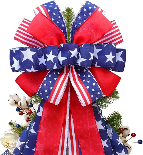 Large 4th of July Tree Topper Bow - Pre-Tied Patriotic Ribbon 52x13 Inch for Wreaths & Decor | Red, Blue, White