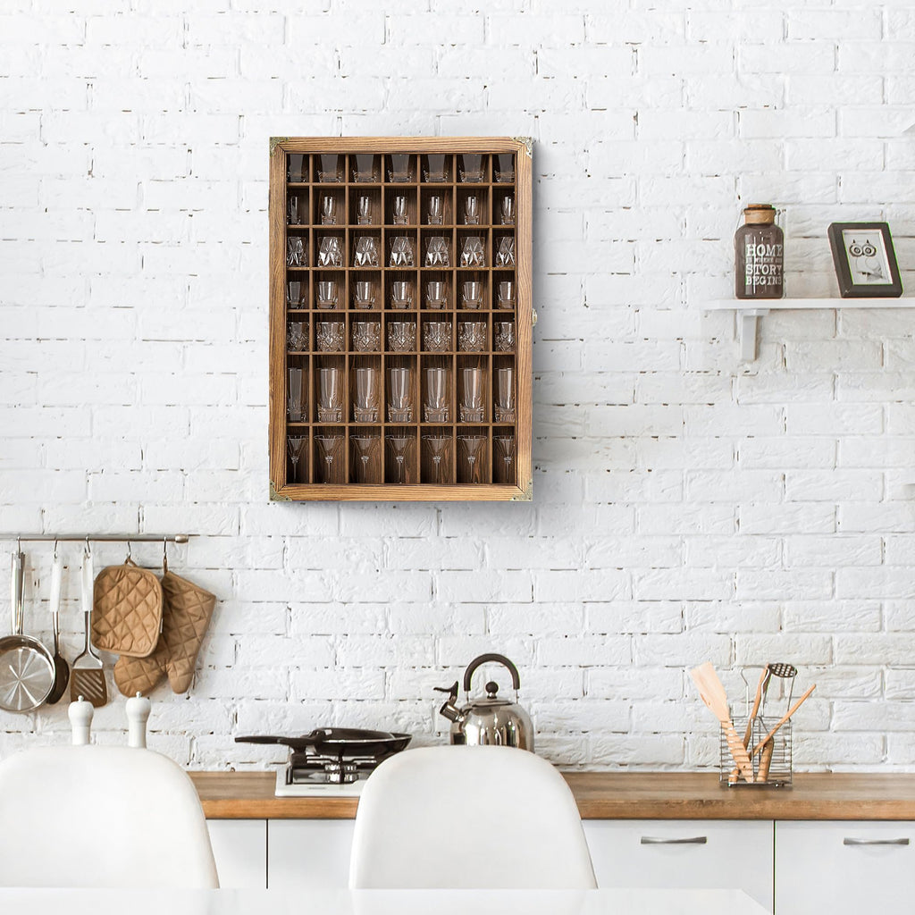 Suuiwau 1 Pcs Shot Glass Display Case, 49 Slots Shot Glass Display Cabinet Holder, Wall Mounted Glasses Collection Shelf Lockable with Acrylic Door for Home Bar Decor