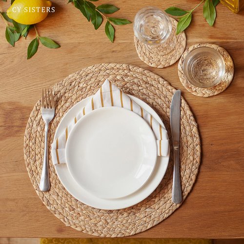 CY SISTERS Round Woven Placemats Set of 6 with 6 Coasters Natural Water Hyacinth Place Mats, 13.5 Inch Rattan Placemats Wicker Farmhouse Boho Straw Heat Resistant Outdoor Placemats Patio Table Mats