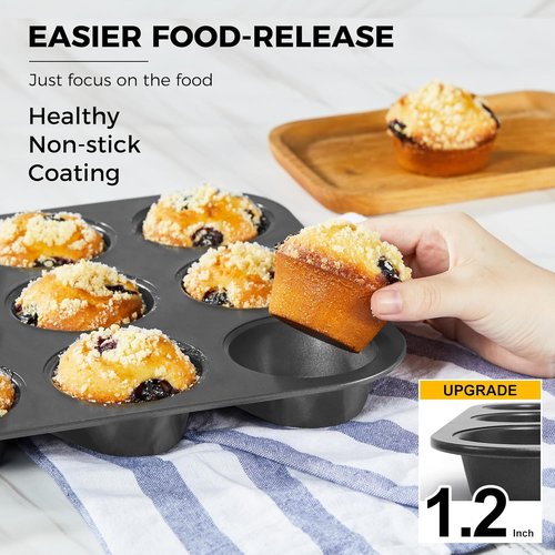 HONGBAKE Nonstick Muffin Pan - 12-Cup Baking Tray Set, Dishwasher Safe, Dark Grey Finish